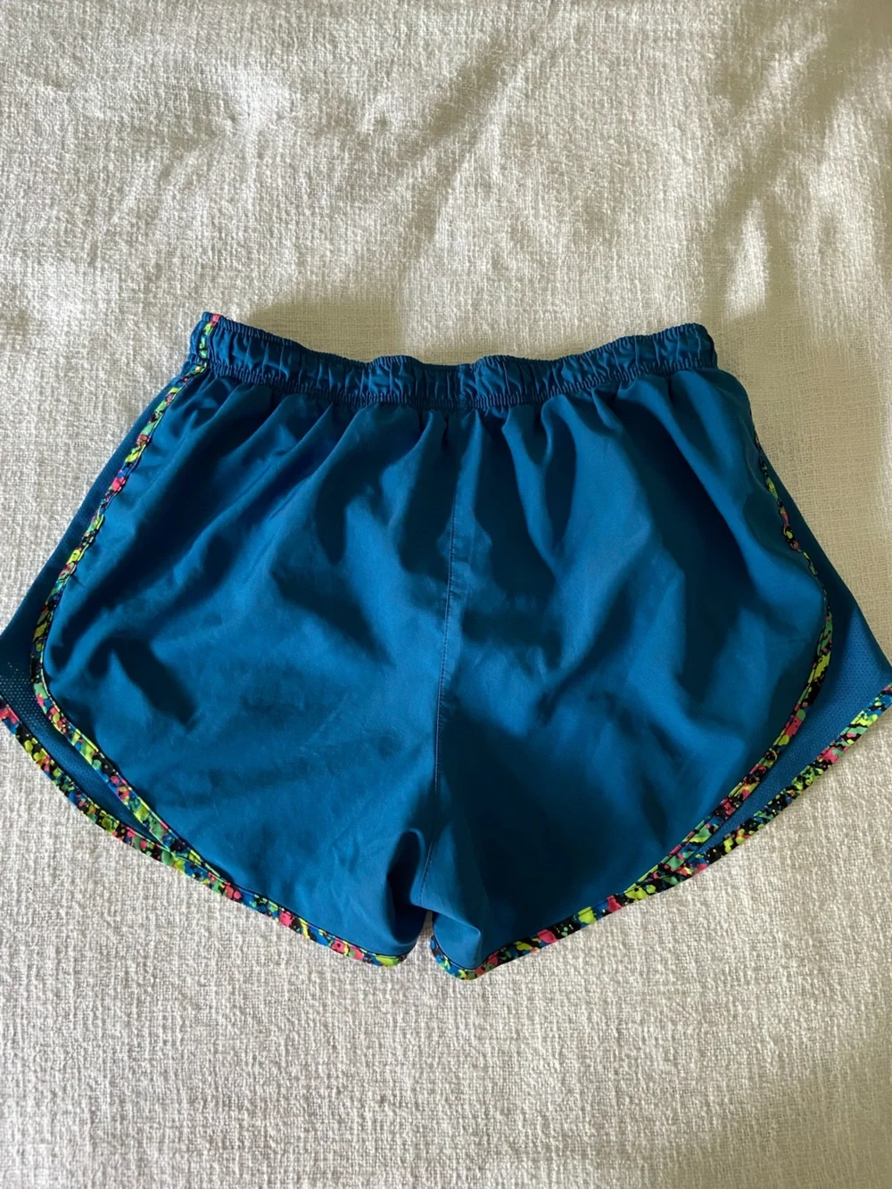 Nike Teal Blue Running Shorts with Multicolor Neon Party Trim Women’s Large